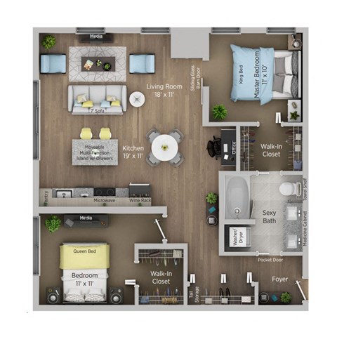 Floor plan for 2 beds, 1 bath, 940 sqft
